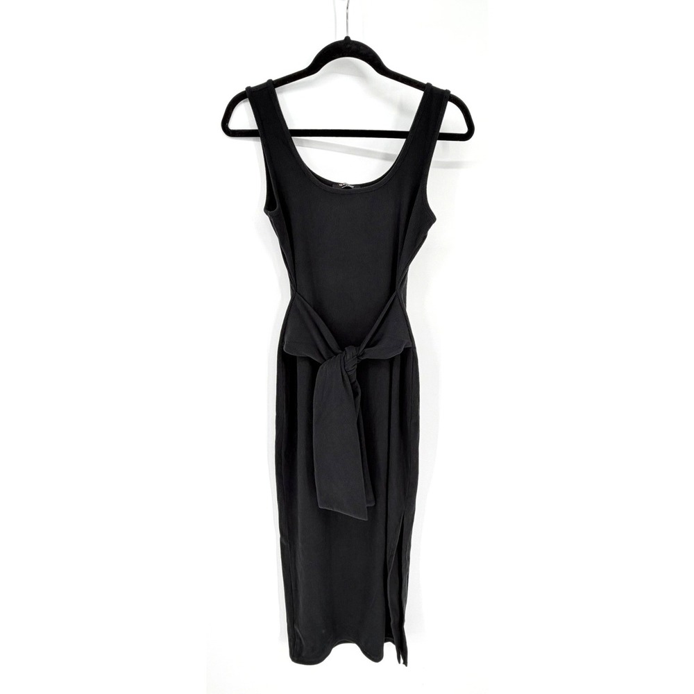 The Workshop Ribbed Midi Bodycon Dress Black‎ Tie Front Side Slit Size Large NWT